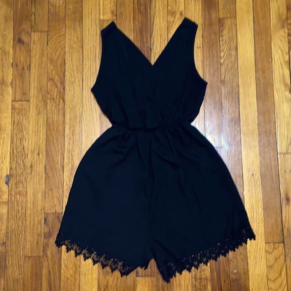 Black Lace Romper with Wrap V-Neckline - Picture 1 of 5